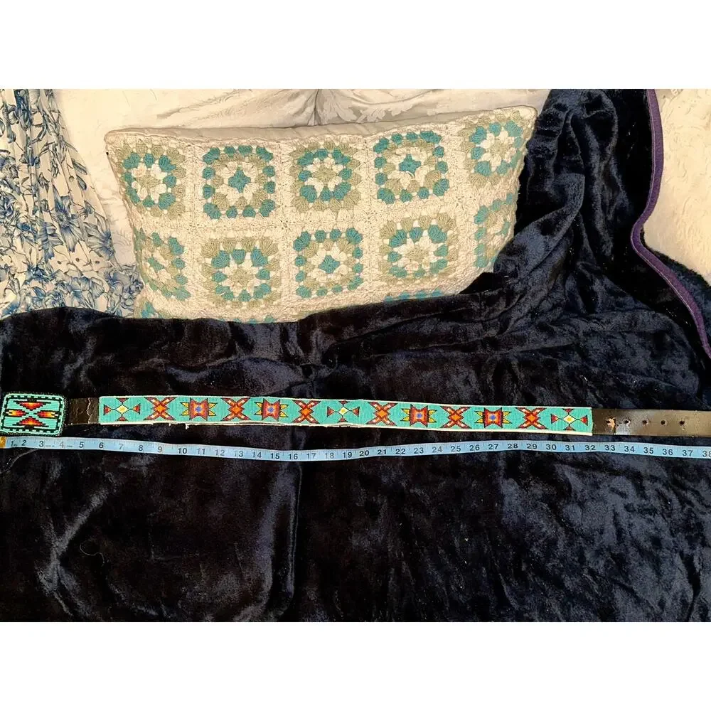 VINTAGE NATIVE TURQUOISE BEADED LEATHER BELT & MATCHING BUCKLE